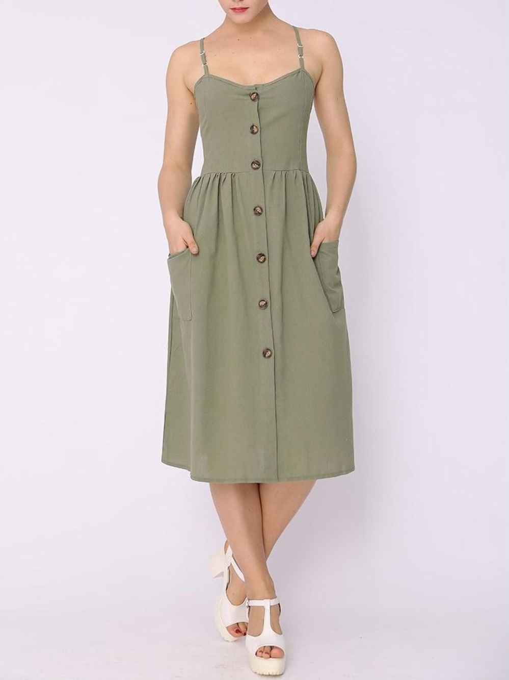 Olive Green Button-Front Midi Sundress